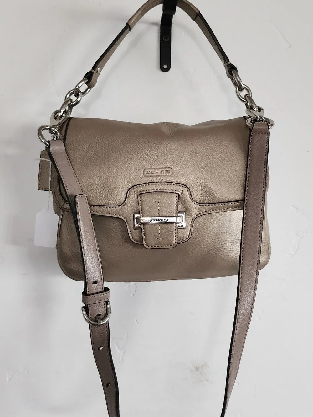 Coach Taupe Pebble Leather Shoulder Bag with Chain Accents
